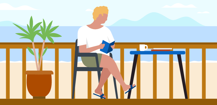 Illustration of a person sitting outside reading a book beside a body of water.