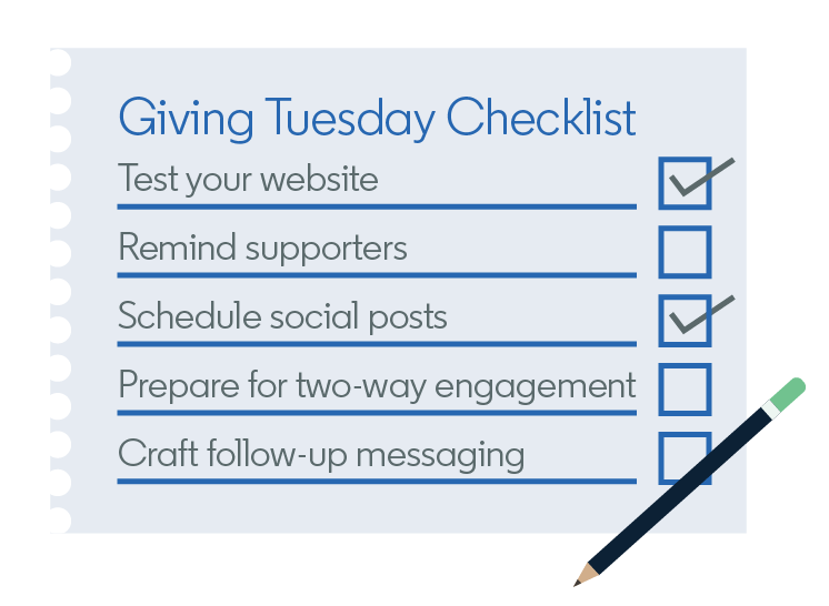 Illustration of a Giving Tuesday checklist for nonprofits, including testing your website, reminding supporters, scheduling social posts, preparing for two-way engagement, and crafting follow-up messaging