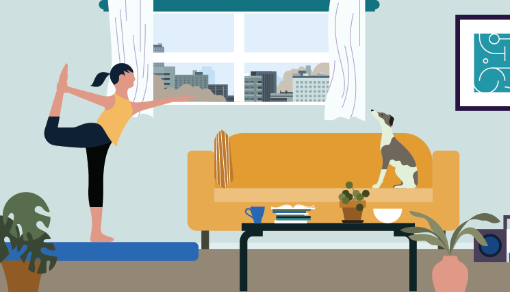 An illustration of a woman doing yoga in her home while her dog sits on the sofa.
