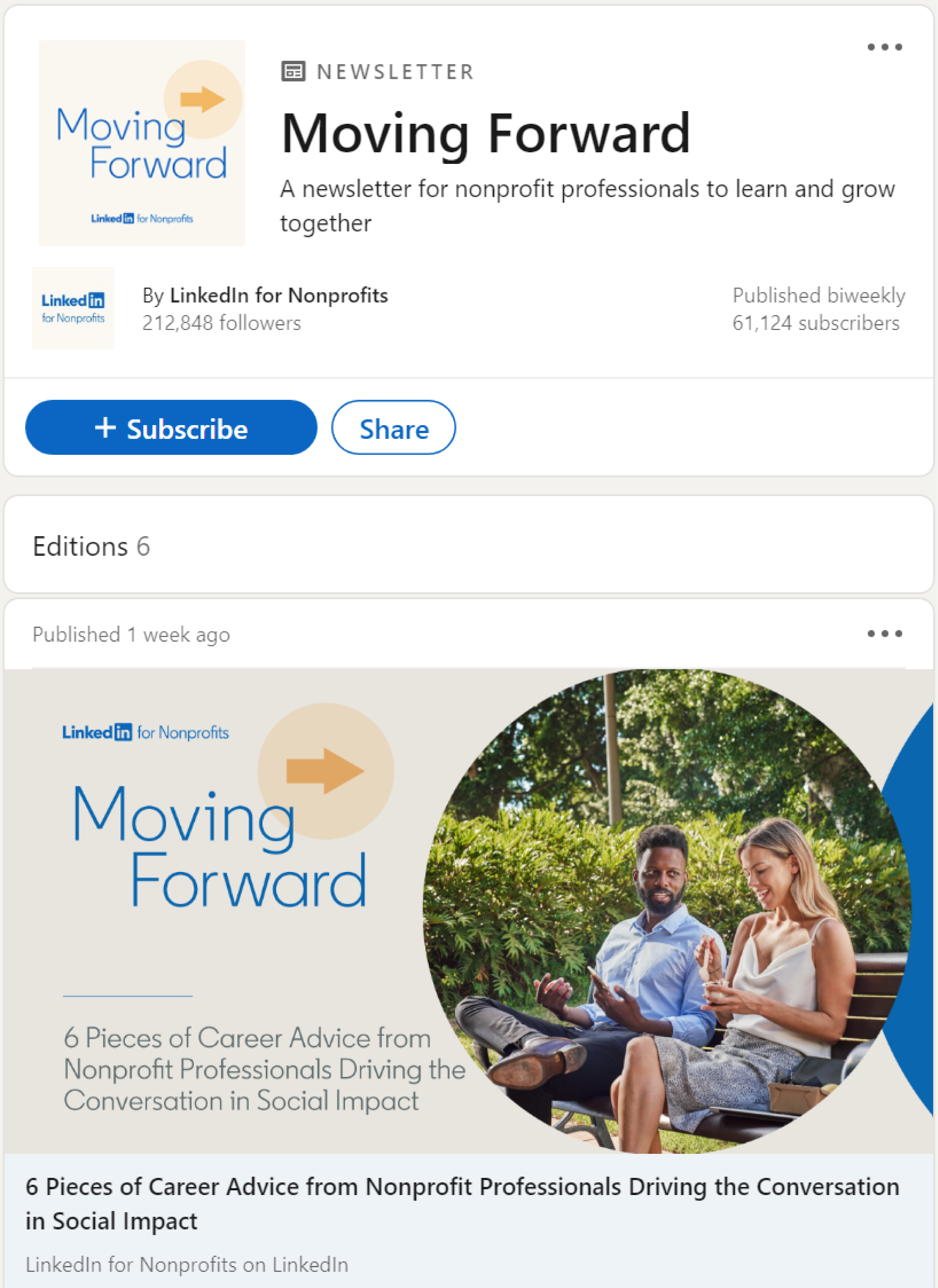 The LinkedIn for Nonprofits newsletter, Moving Forward, on LinkedIn. The newsletter page includes a logo and tagline, subscribe button, subscriber count, and recent editions.