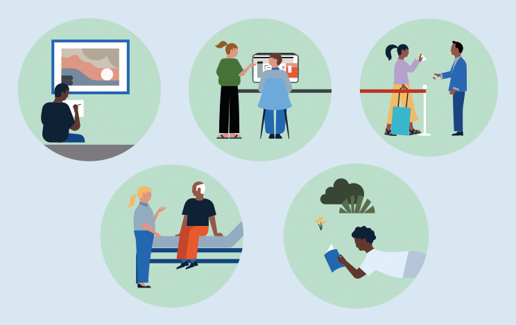 Illustration featuring five circles that depict someone sitting in an art gallery, learning at a computer, walking through an airport, at the doctor's office, and reading a book in a park.